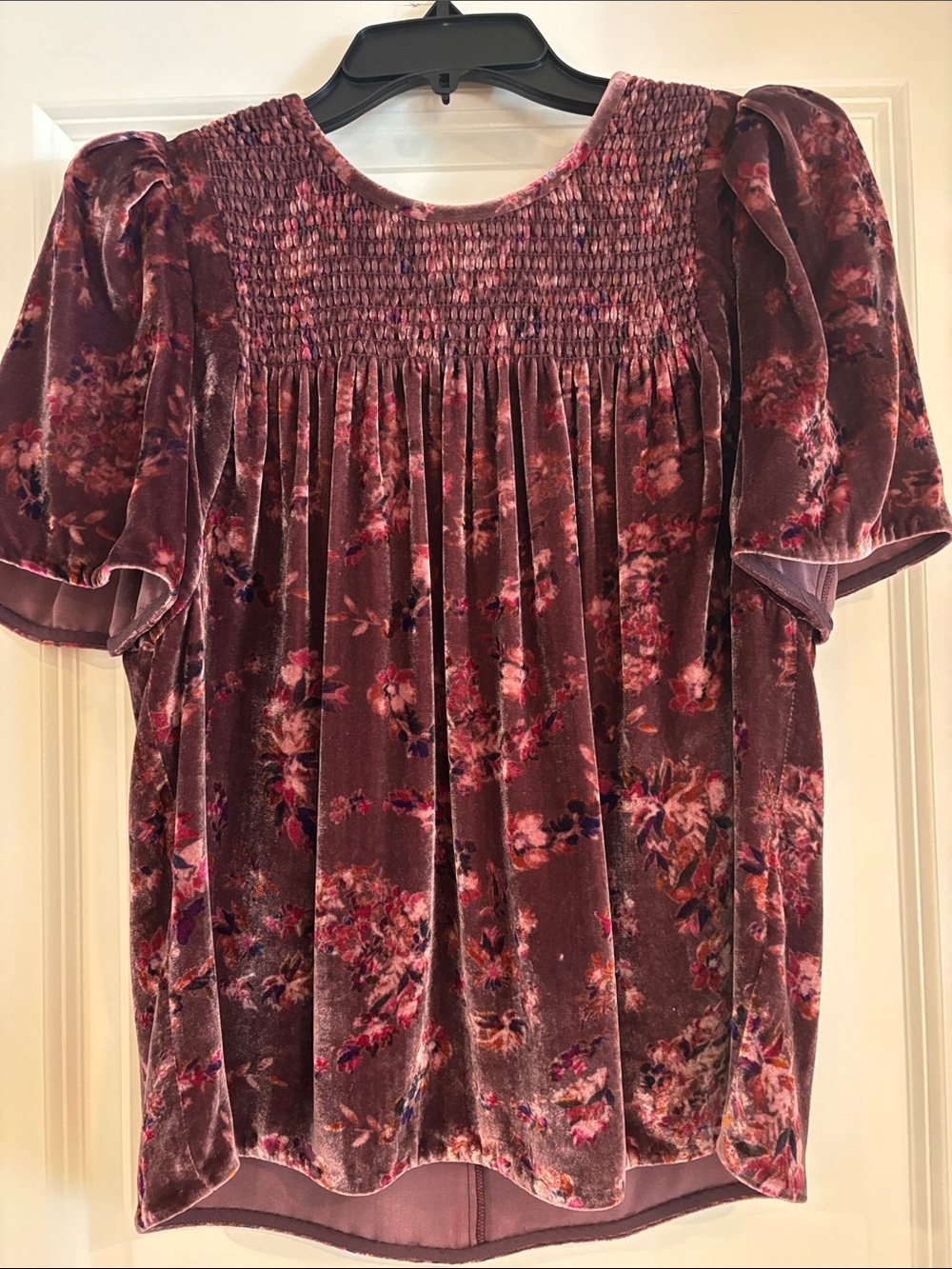Rebecca Taylor Velvet Smocked Floral Top in Mauve and Pink